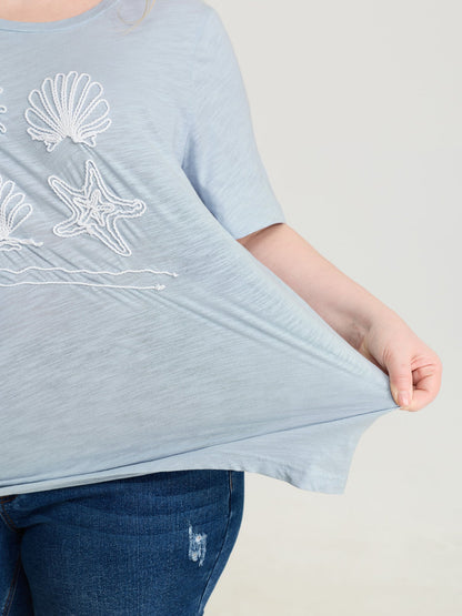Pure Cotton Ocean Embroidered Stretchy T-Shirt