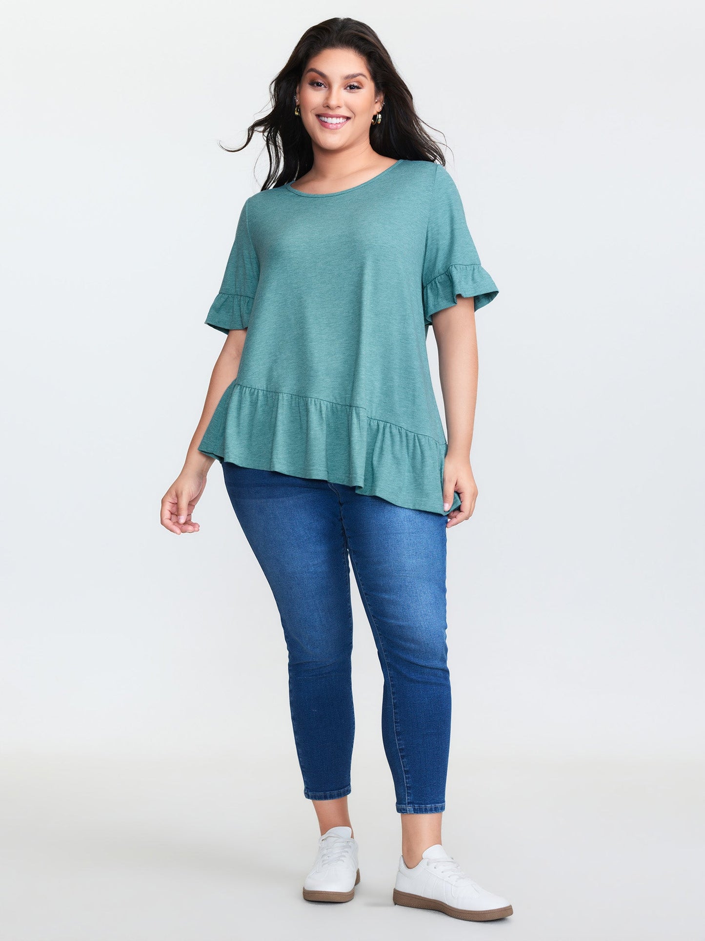 Supersoft Stretchy Ruffled Hem Plain Knit Top