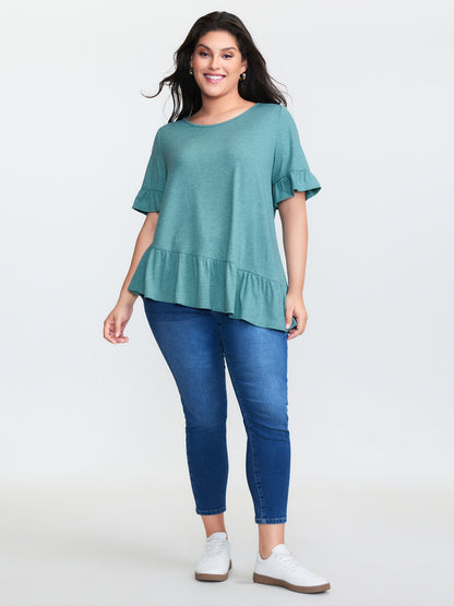 Supersoft Stretchy Ruffled Hem Plain Knit Top