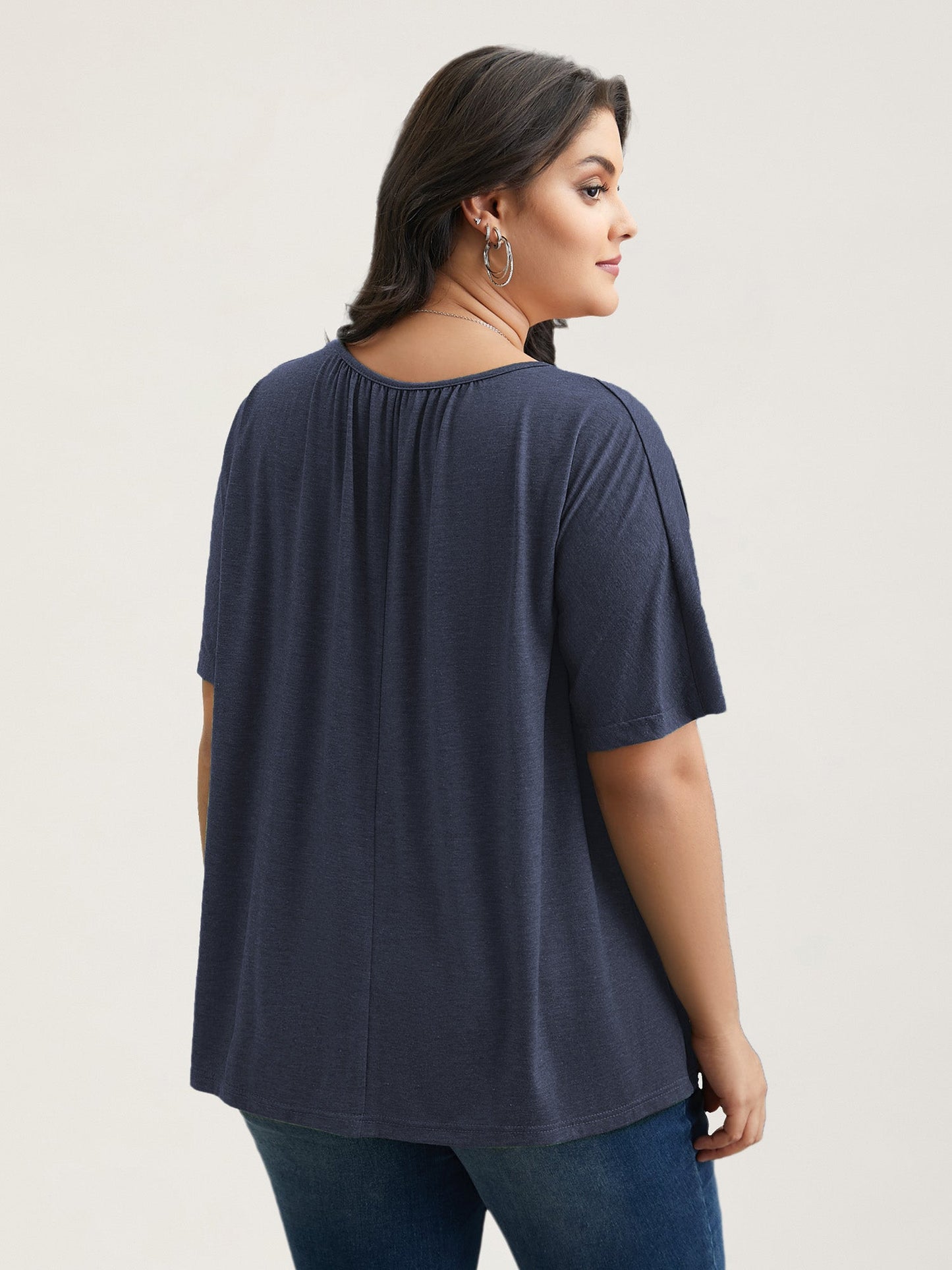 Pleated Plain Half-Sleeve Knit Top