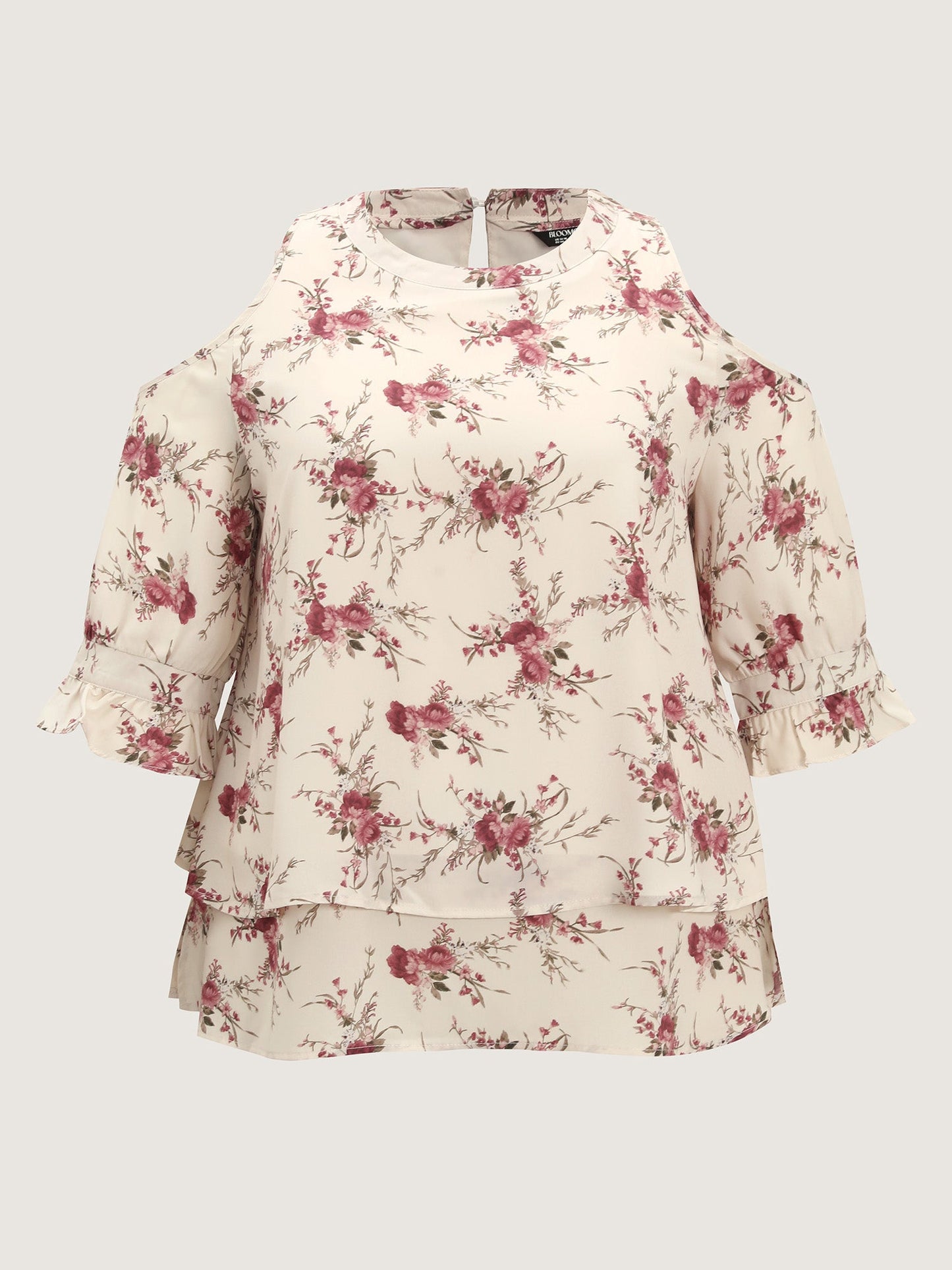Blooming Floral Layered Hem Cut-Out Shoulder Blouse