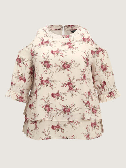 Blooming Floral Layered Hem Cut-Out Shoulder Blouse
