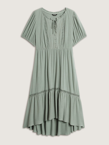 Lace Trim Drawstring Neckline Plain Midi Dress