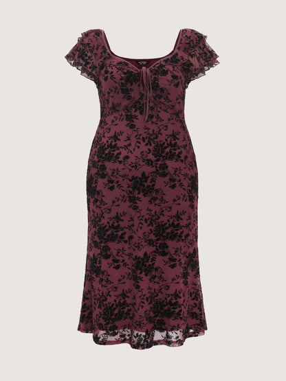 Floral Flocked Mesh Ruched Drawstring Midi Dress
