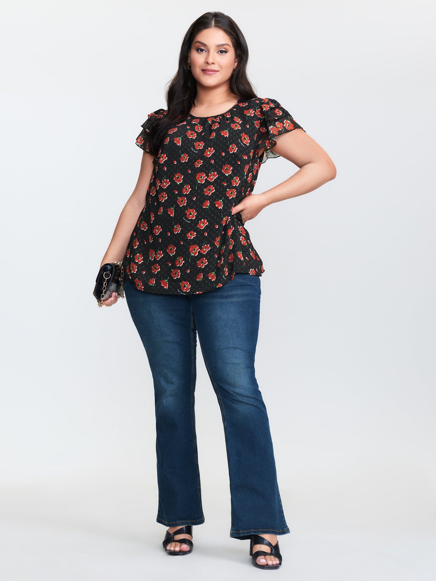 Floral Print Ruffled Sleeve Textured Blouse