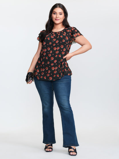 Floral Print Ruffled Sleeve Textured Blouse