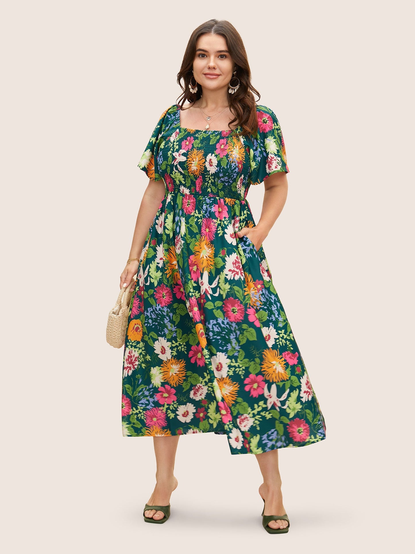 plus size Floral Shirred Square Neck Pocket Midi Dress