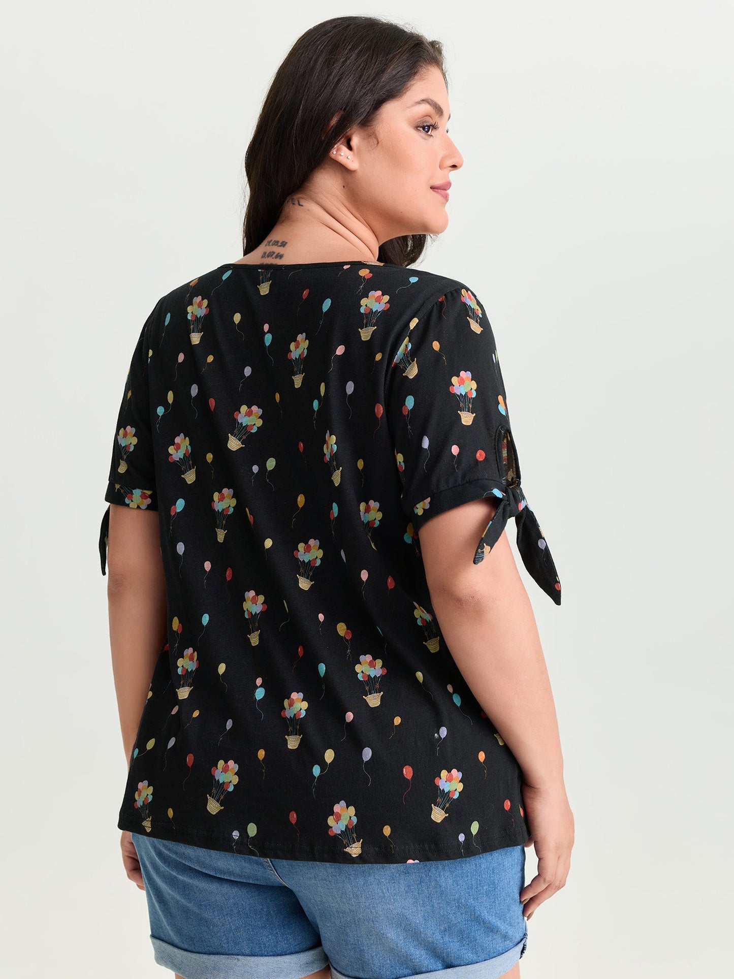 Cotton Multi-Color Balloons Print Sleeve-Tie T-Shirt
