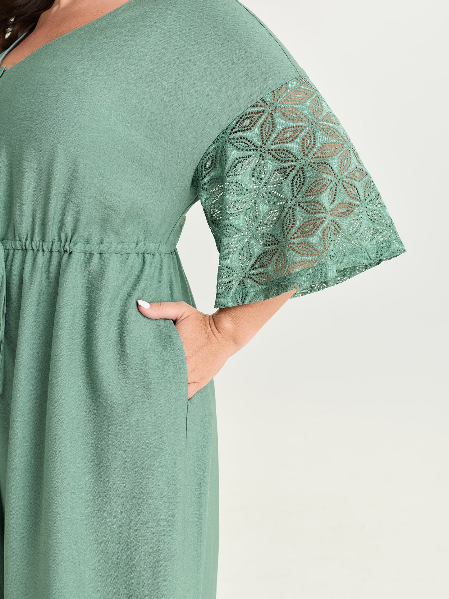 Lace Trim Sheer Sleeve Jumpsuit