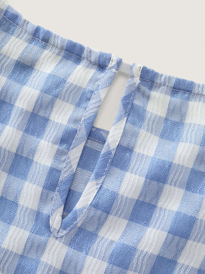 Gingham Print Ruffled Sleeve Pleated Blouse