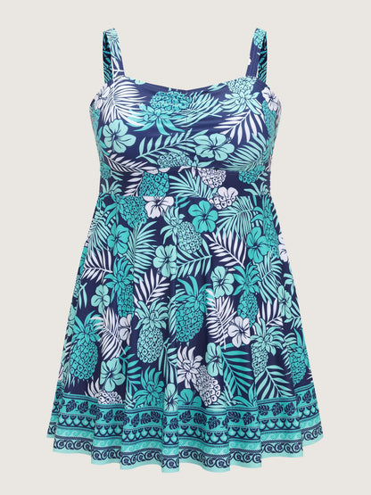 Tropical Floral Print Ruched Swim Dress
