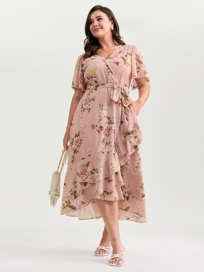 plus size  Soft Floral Print Lotus Leaf Hem Midi Dress