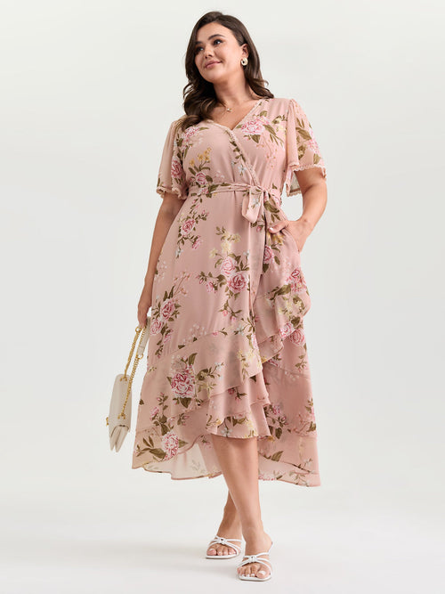 plus size  Soft Floral Print Lotus Leaf Hem Midi Dress