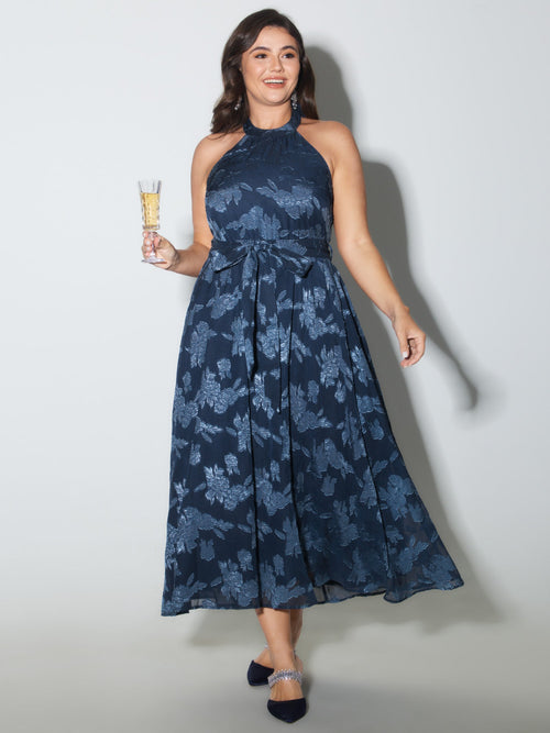 Chiffon Jacquard Halter Neck-Tie Maxi Dress