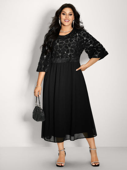 Sequin Floral Tulle Shirred Waist Midi Dress