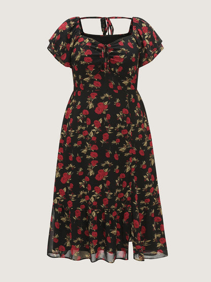 Rose Print Bustier Drawstring Midi Dress