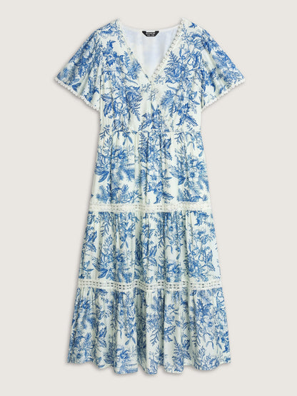 Femme Floral Print Lace Trim Maxi Dress