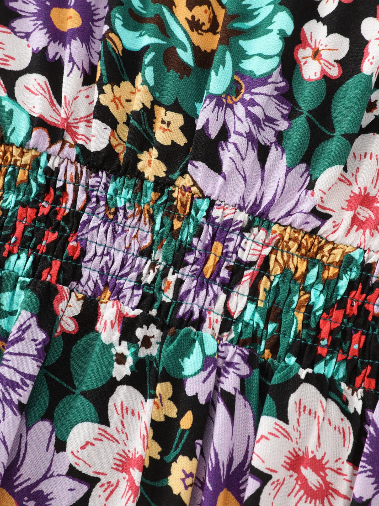 Vibrant Floral Print Ruffled Neckline Mini Dress