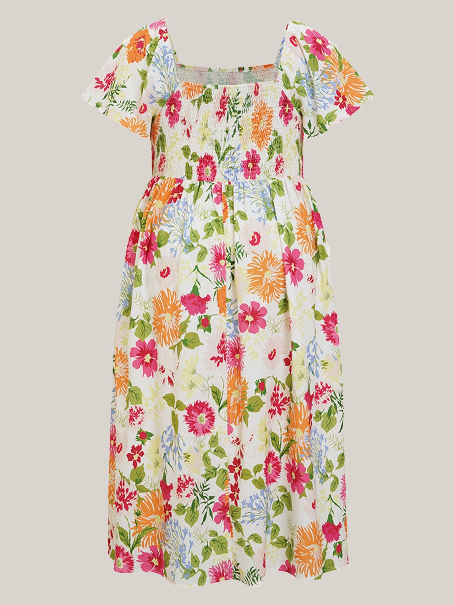 plus size Floral Shirred Square Neck Pocket Midi Dress