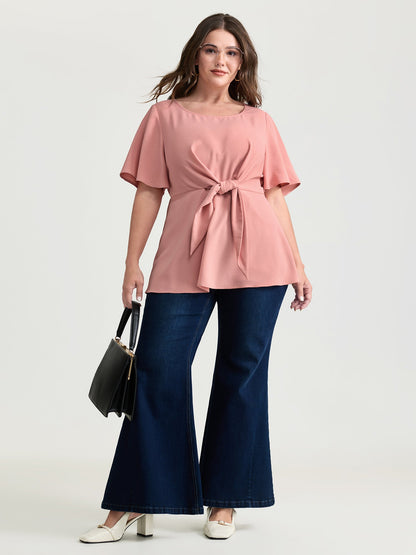 Cinched-Waist Knotted Plain Blouse