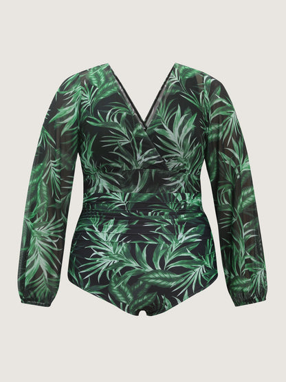 Tropical Plant Print One-Piece Swimsuit Set