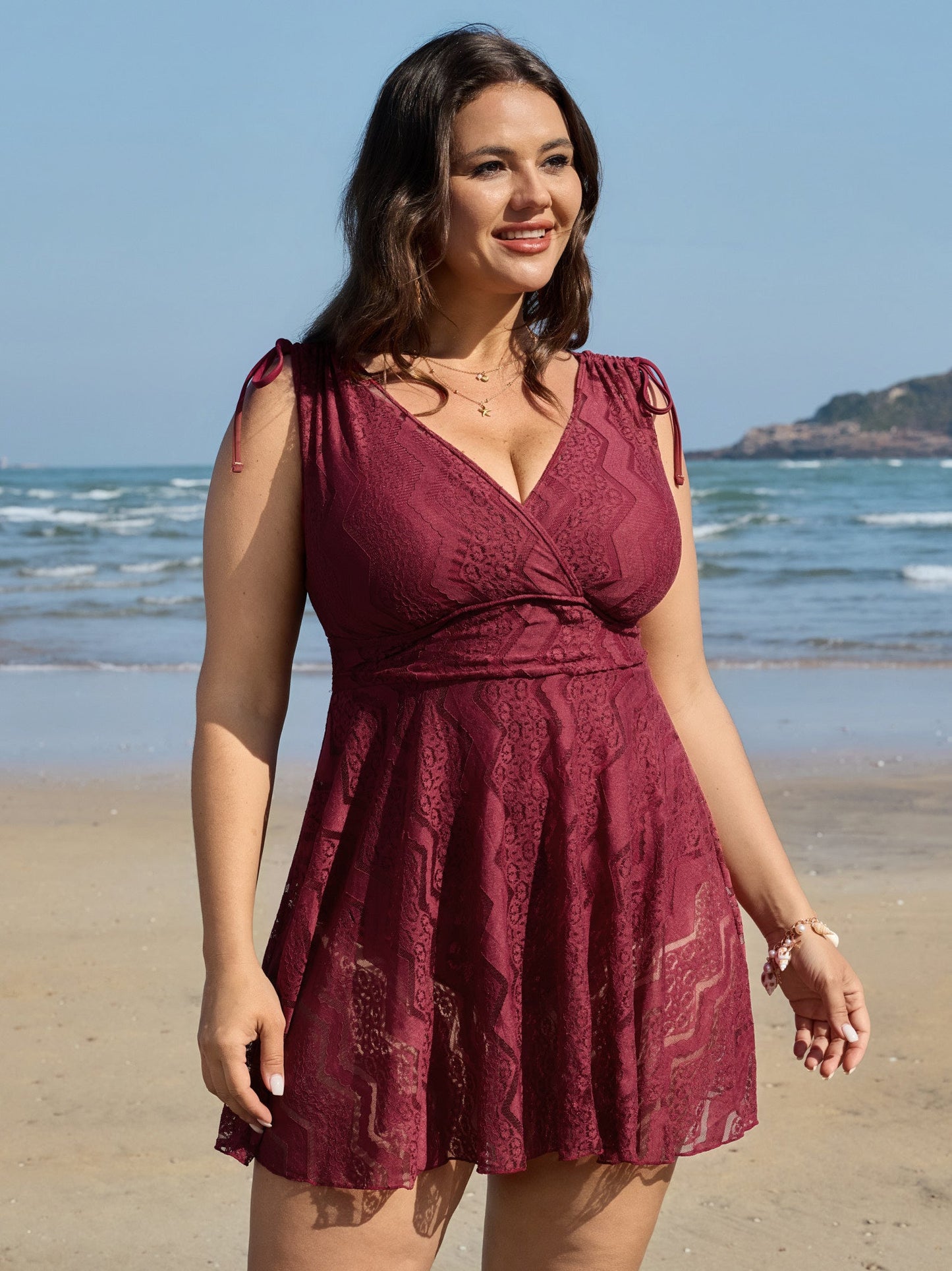 Lace Channel Drawstring Swim Dress