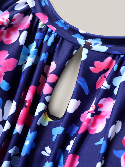 Floral Print Keyhole Pockets Swim Romper