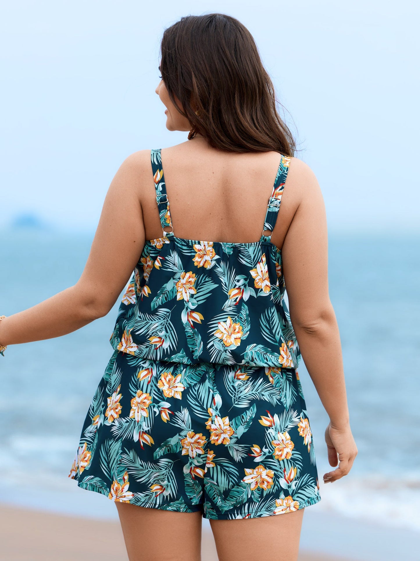 plus size Tropical Flower Print Pockets One-Piece Swimsuit