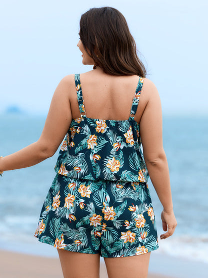 plus size Tropical Flower Print Pockets One-Piece Swimsuit