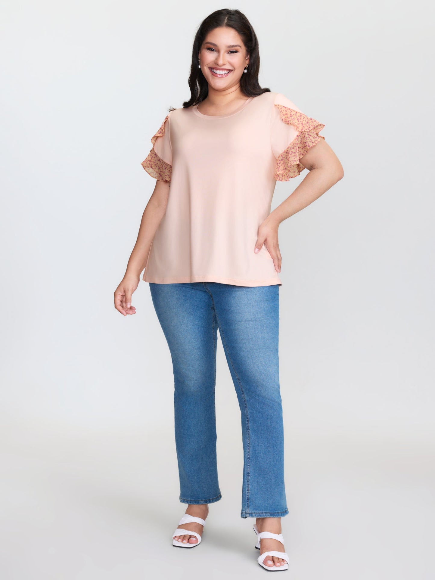 Floral Ruffled Sleeve Knit Top
