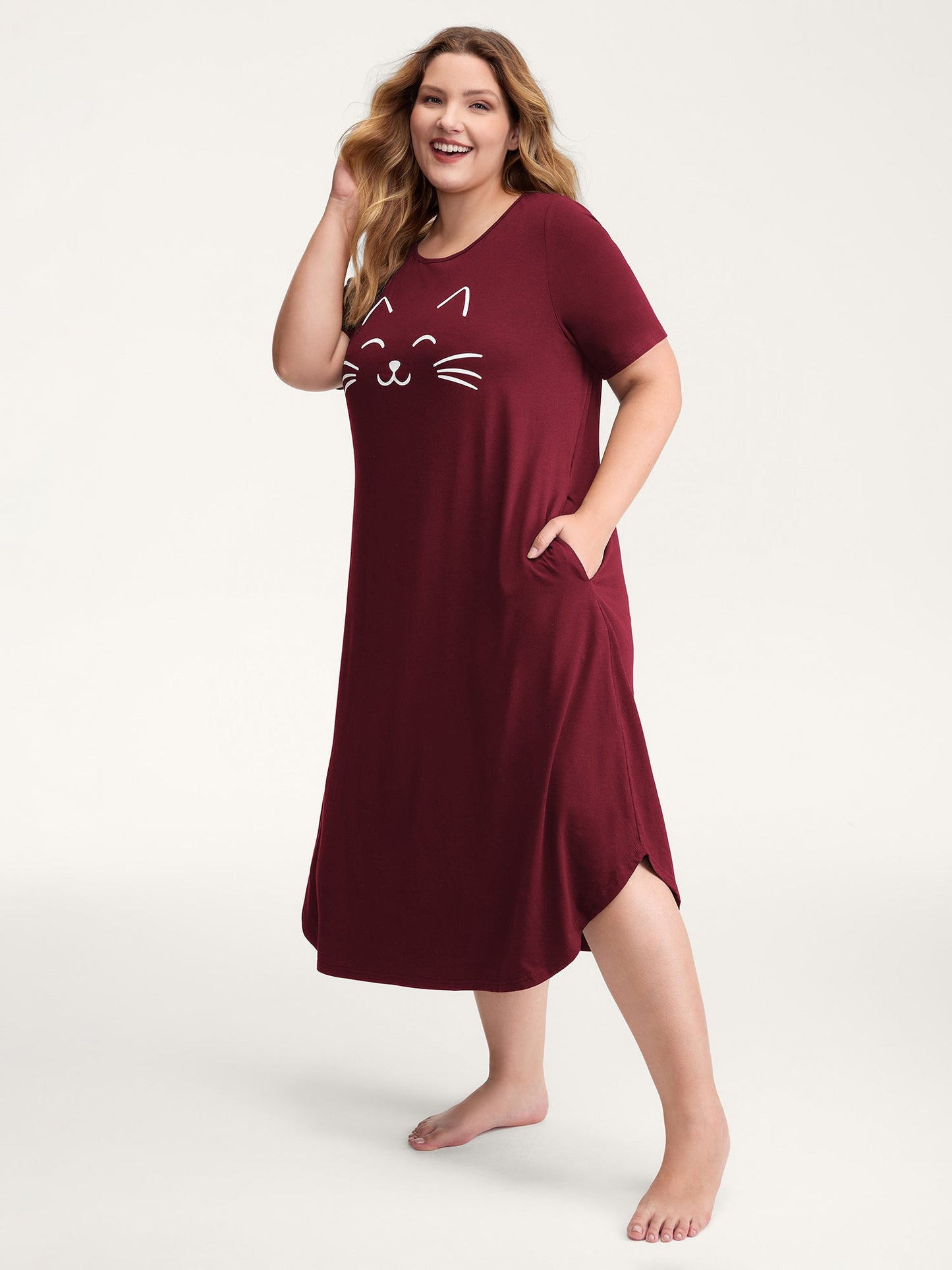 Happy Cat Print Stretchy Contrast Nightgown