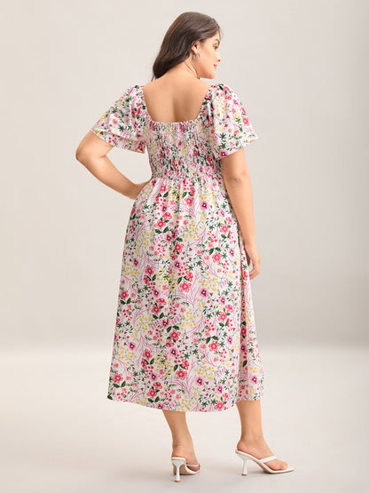 plus size Floral Shirred Square Neck Pocket Midi Dress