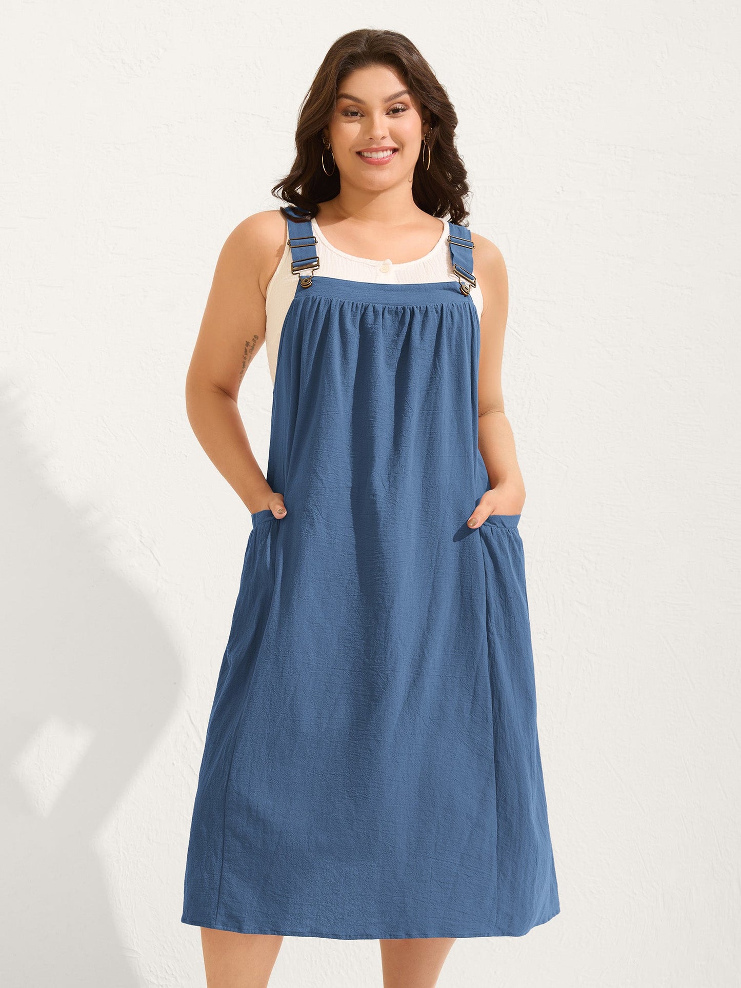 plus size Pure Cotton Pleated Pockets Midi Dress