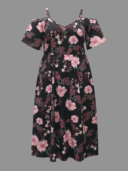 Floral Print Cold-Shoulder Pockets Midi Dress