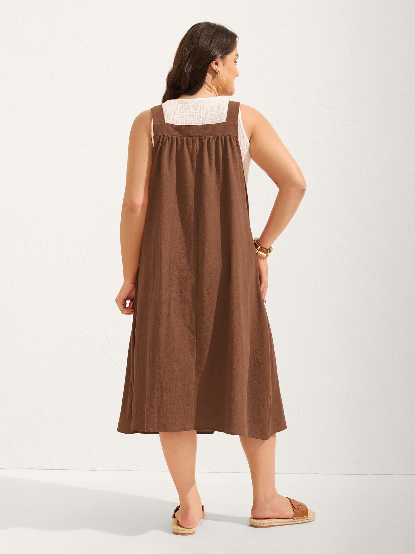plus size Pure Cotton Pleated Pockets Midi Dress