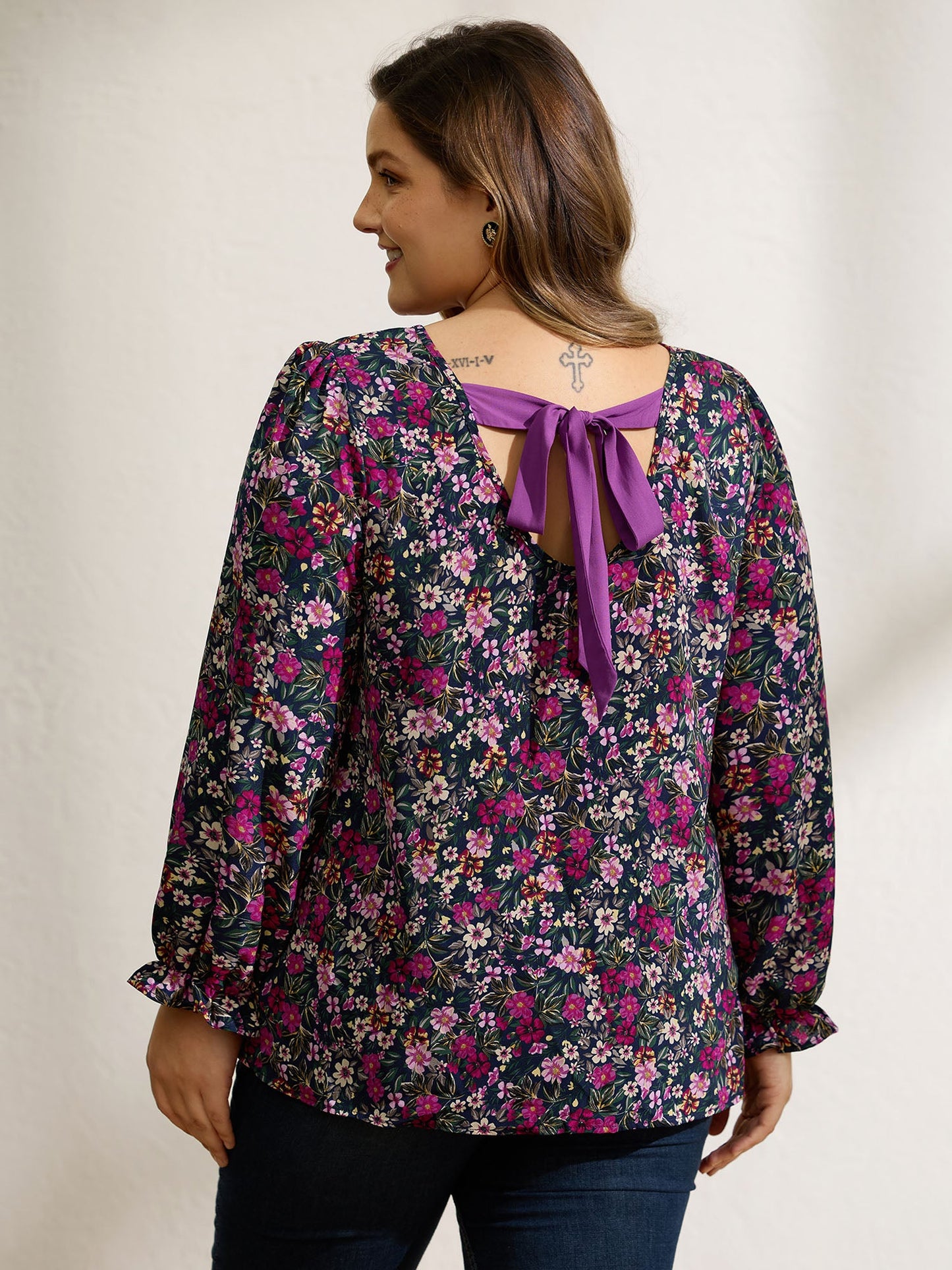 Floral Print Back Bowknot Blouse