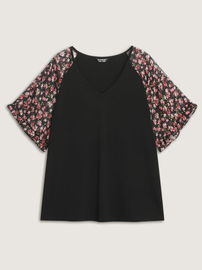 Sheer Floral Print Ruffled Cuff Sleeve Top