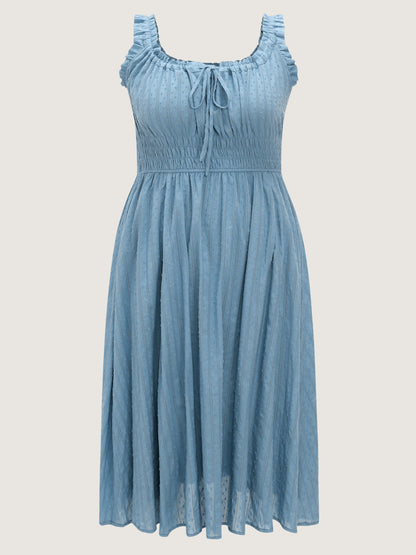 Textured Shirred Bodice Ruffled Straps Midi Dress