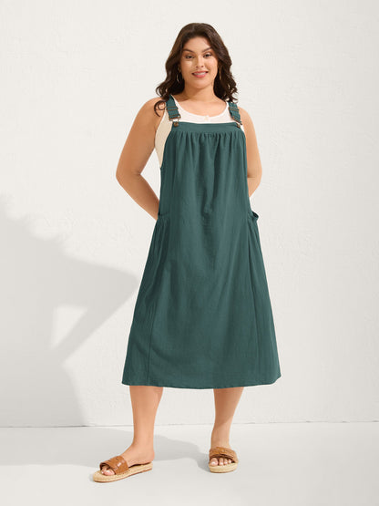 plus size Pure Cotton Pleated Pockets Midi Dress