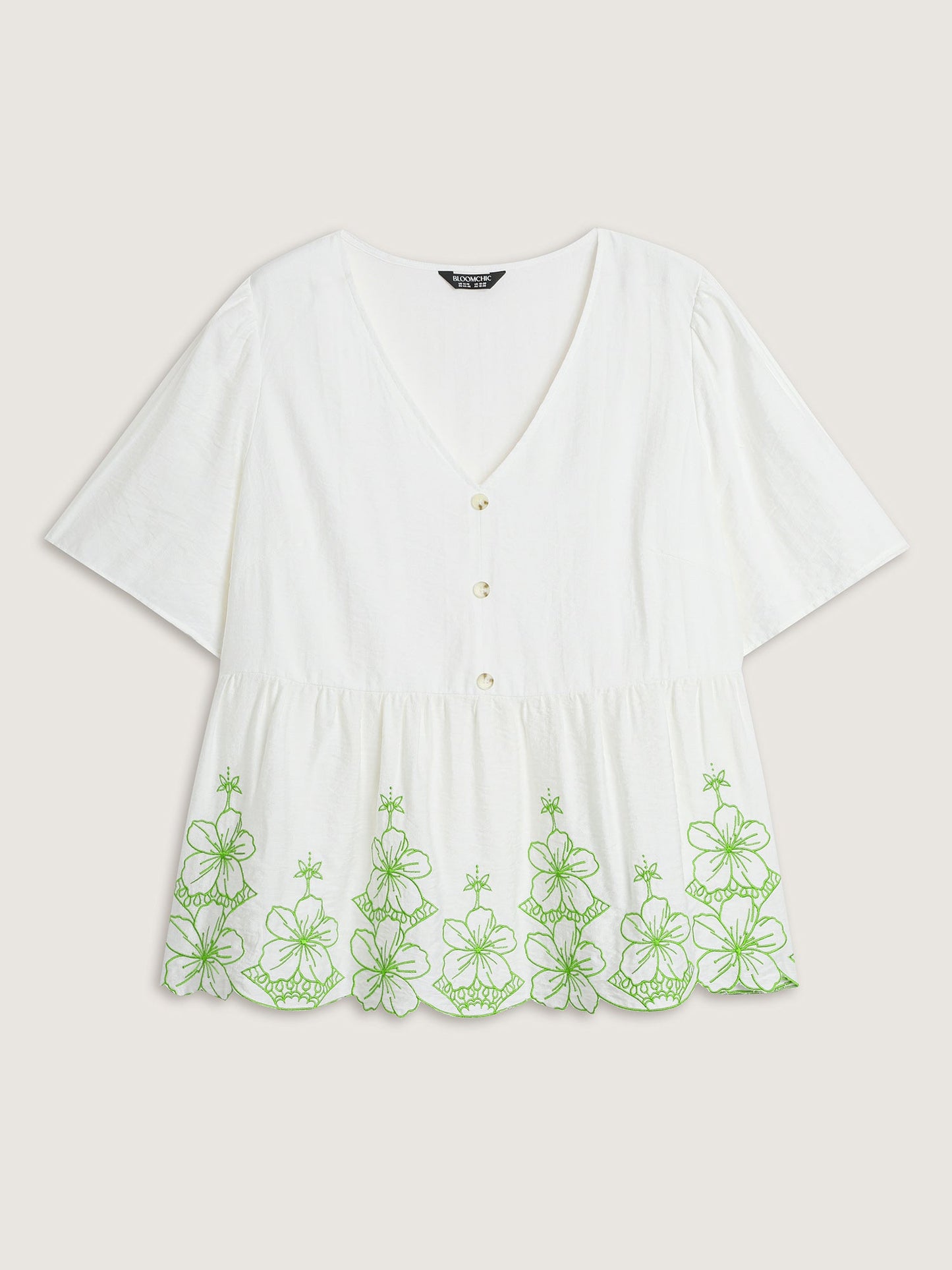 Embroidered Hemline V-Neck Babydoll Blouse