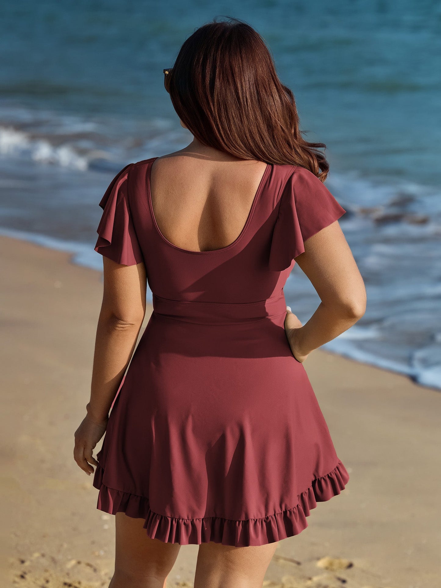 Ruffled Sleeve Curvy Hem Swim Dress