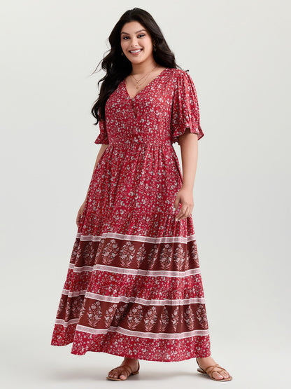 Vibrant Floral Print Color Contrast Maxi Dress