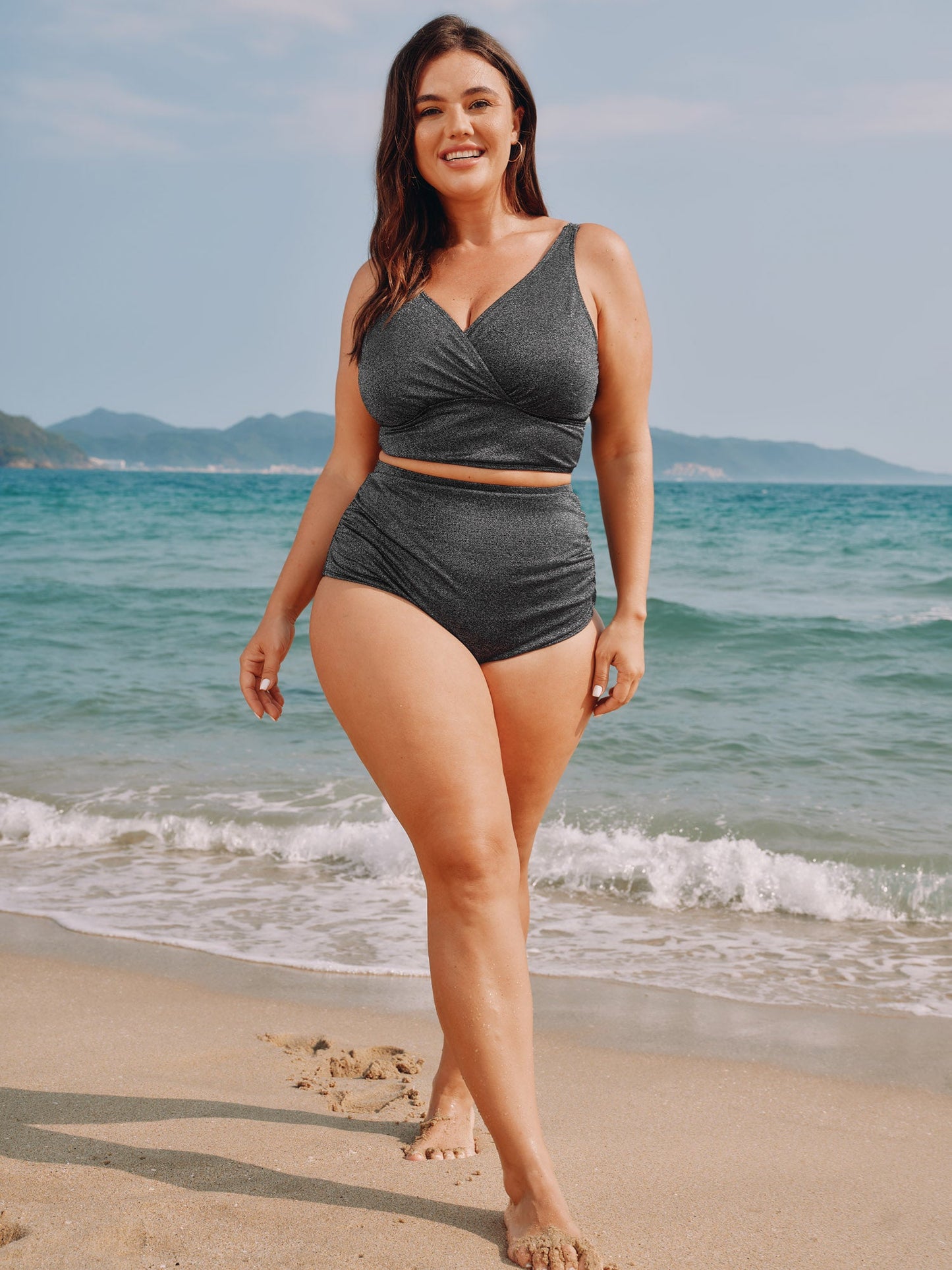 Textured Adjustable Surplice Neck Swim Top