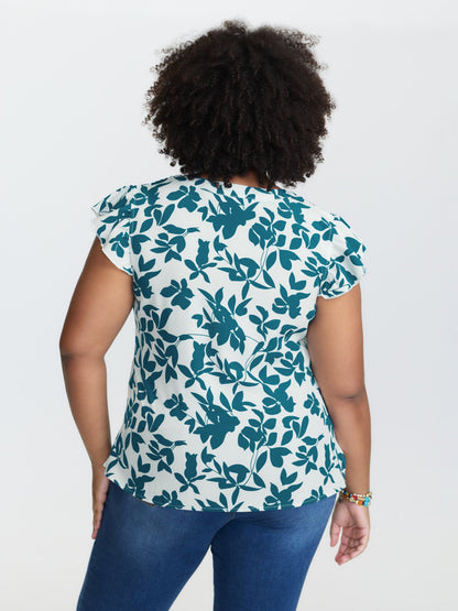 Silhouette Floral Print Notched Collar Pleated Blouse