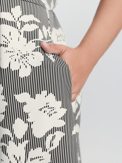 Striped Floral Print Notched Collar Midi Dress