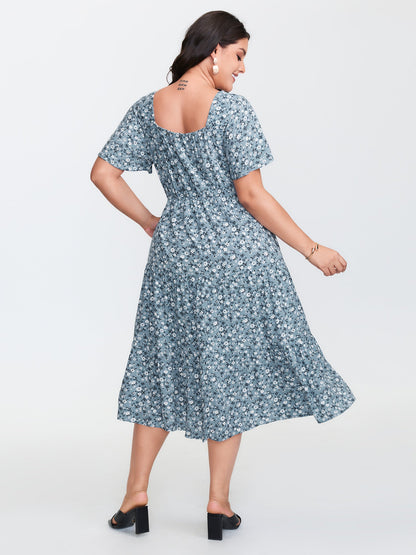 plus size Ditsy Floral Sweetheart Drawstring Pocket Tiered Dress