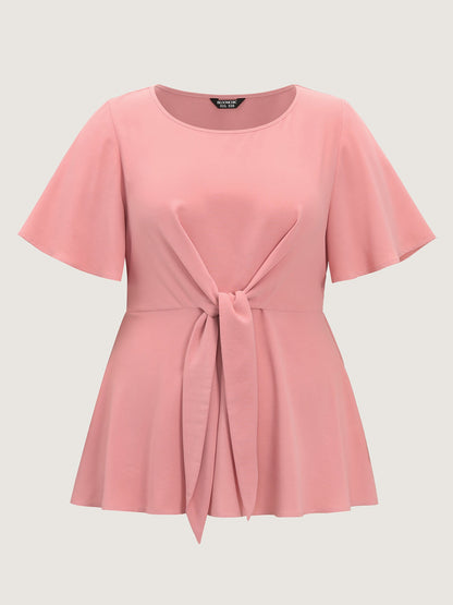 Cinched-Waist Knotted Plain Blouse