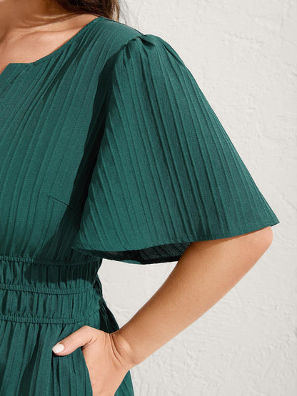 Textured Shirred Cinched Waist Maxi Dress