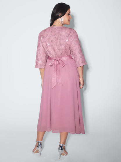 Sequin Floral Tulle Shirred Waist Midi Dress