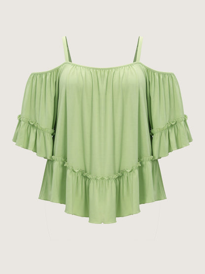 Ruffled Cut-Out Shoulder Flared Sleeve Top